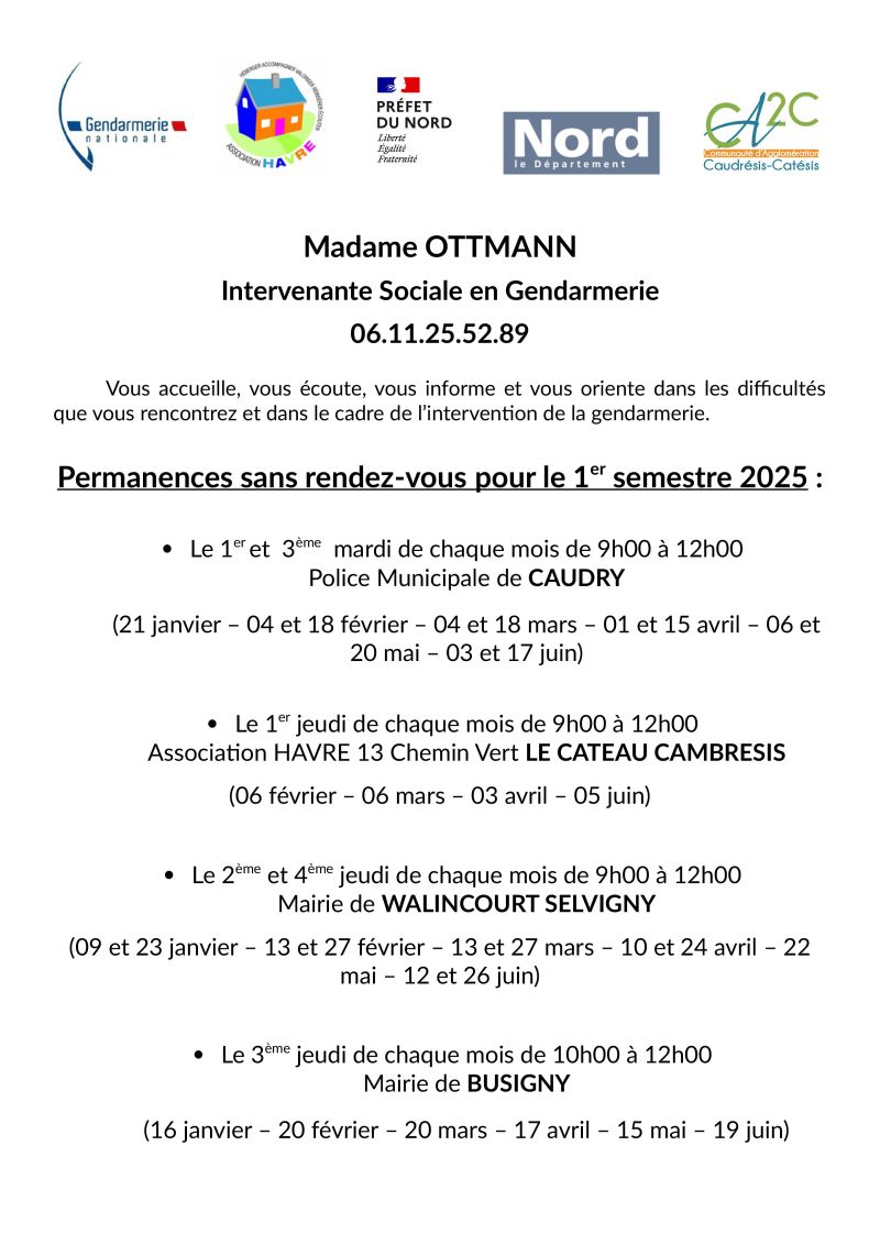 permanences de l'intervenante sociale en gendarmerie